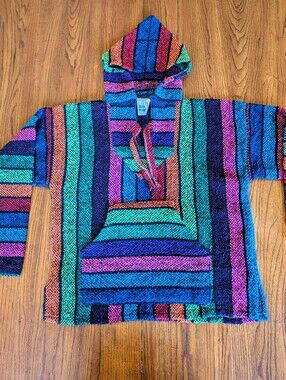 Vintage 80s 90s San Patricio Baja Hoodie Multicolor Striped Mexican Jerga Small